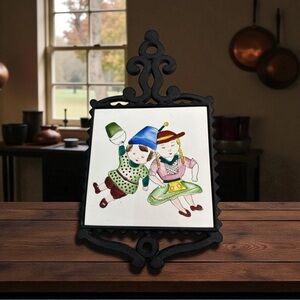 Cast Iron Trivet Hansel & Gretel Hand Painted Tile Made in Japan Vintage